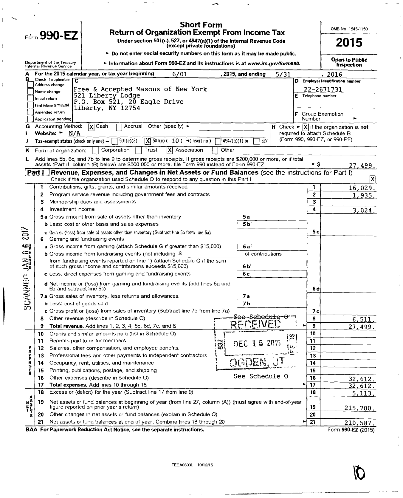 Image of first page of 2015 Form 990EO for Liberty Lodge No 521