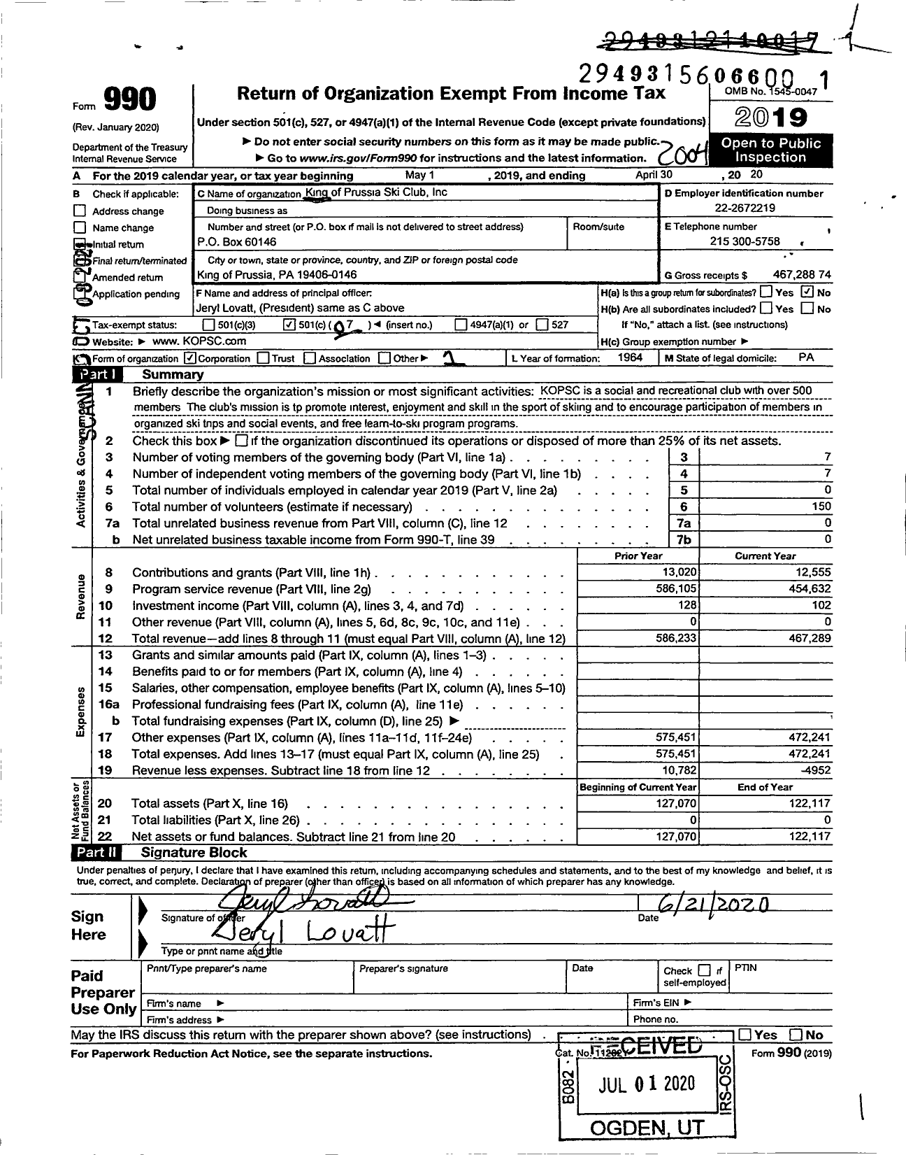 Image of first page of 2019 Form 990O for King of Prussia Ski Club