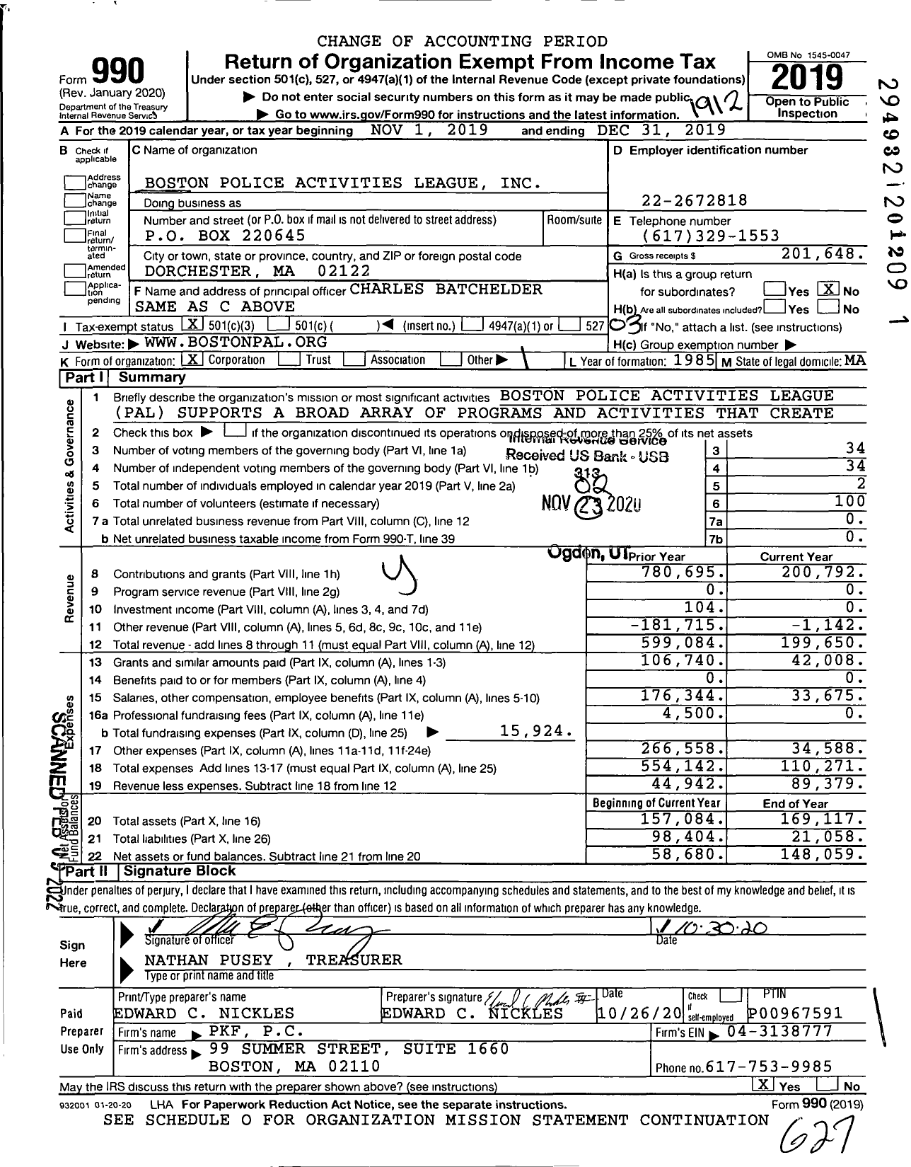 Image of first page of 2019 Form 990 for Boston Police Activities League