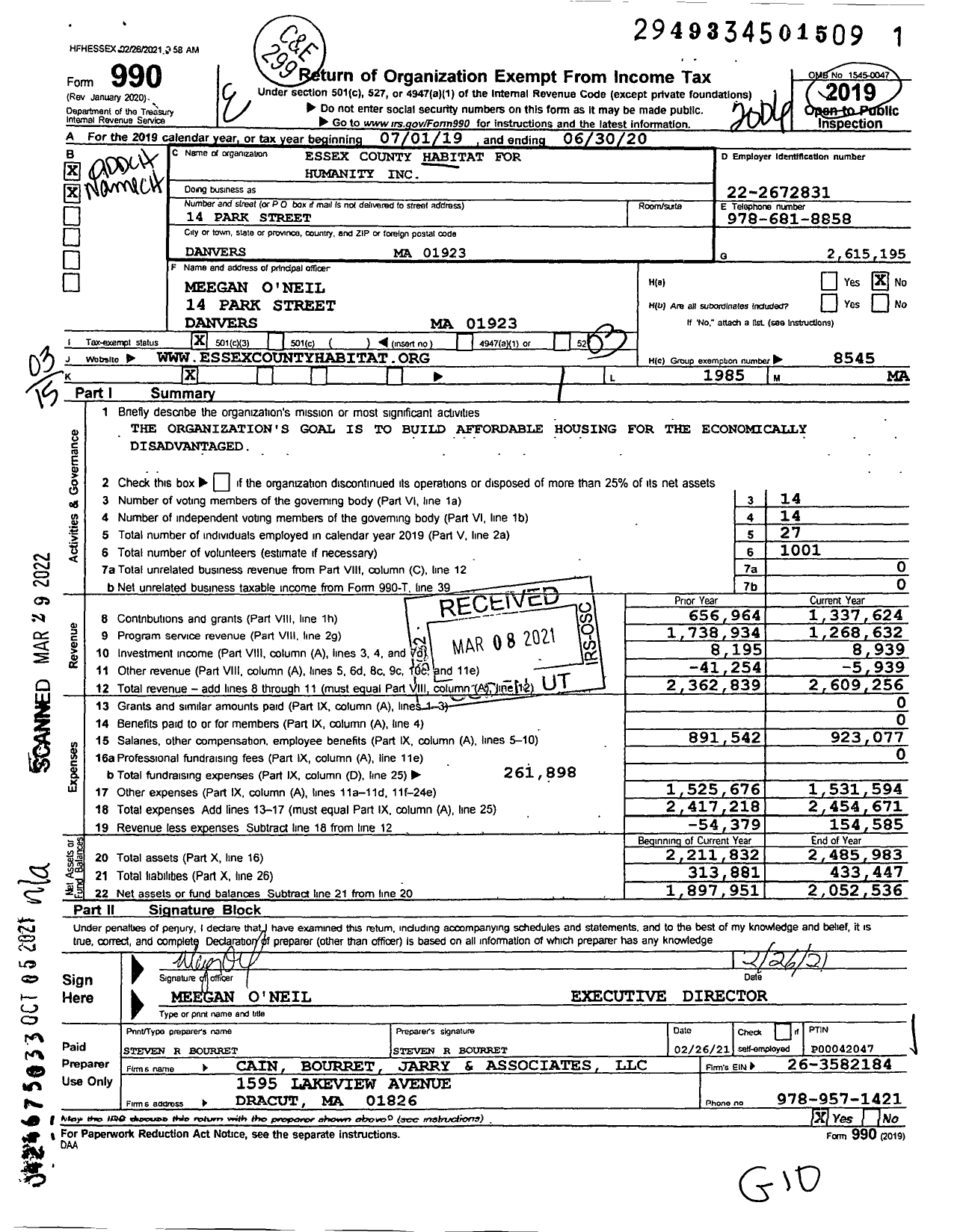 Image of first page of 2019 Form 990 for Essex County Habitat for Humanity