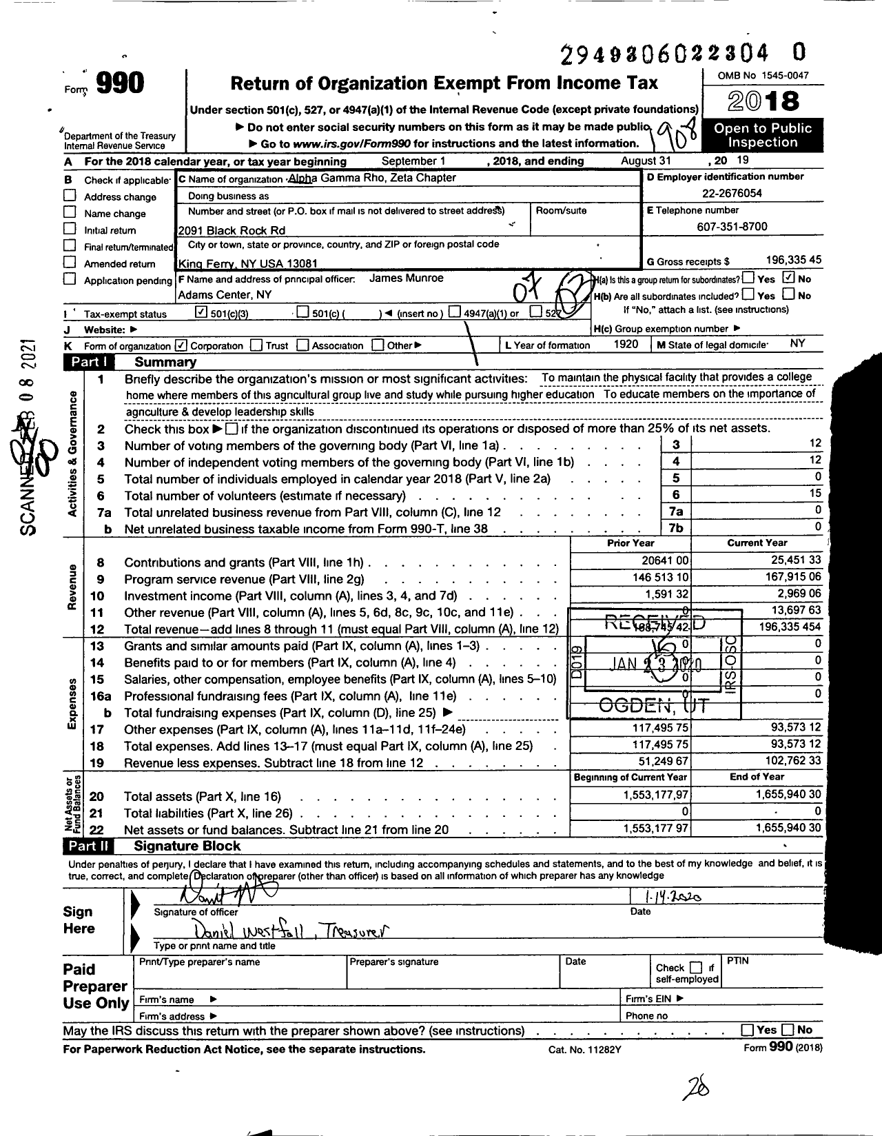 Image of first page of 2018 Form 990O for Alpha Gamma Rho Fraternity - Alpha Gamma Rho