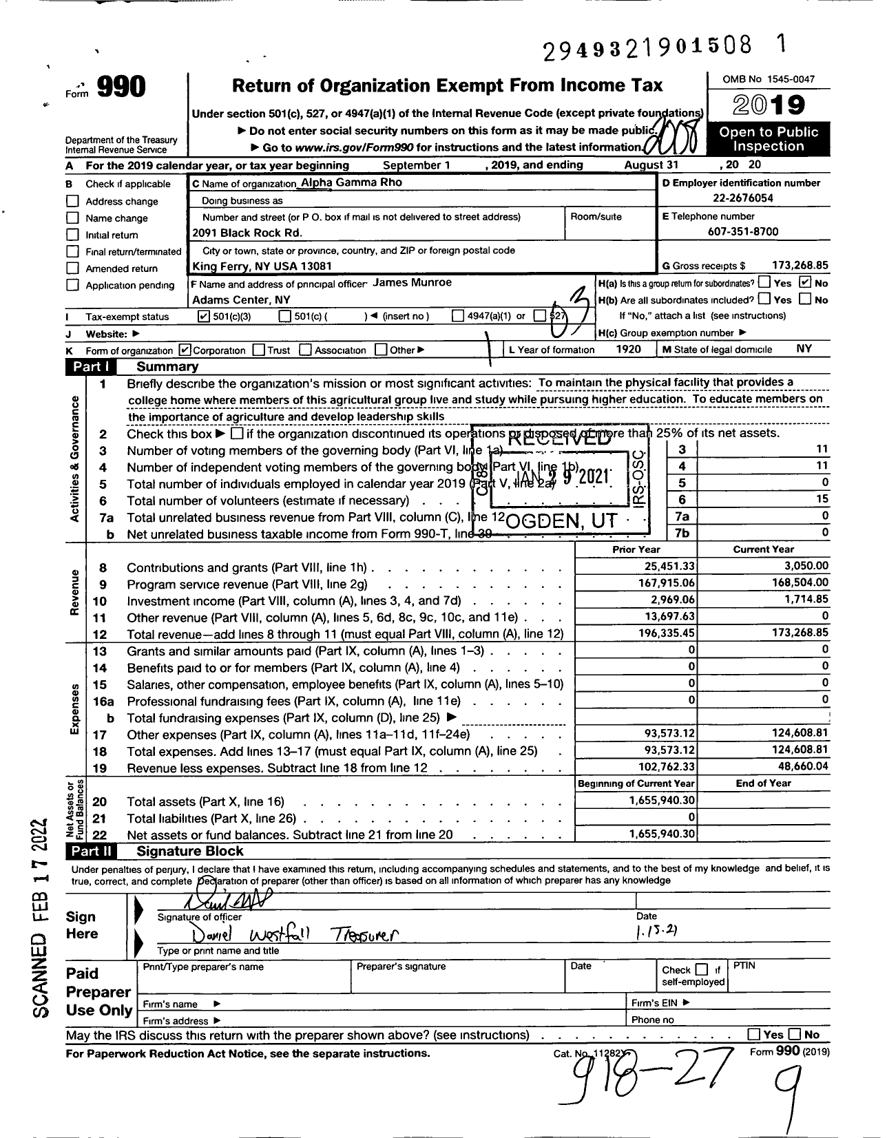 Image of first page of 2019 Form 990 for Alpha Gamma Rho Fraternity - Alpha Gamma Rho