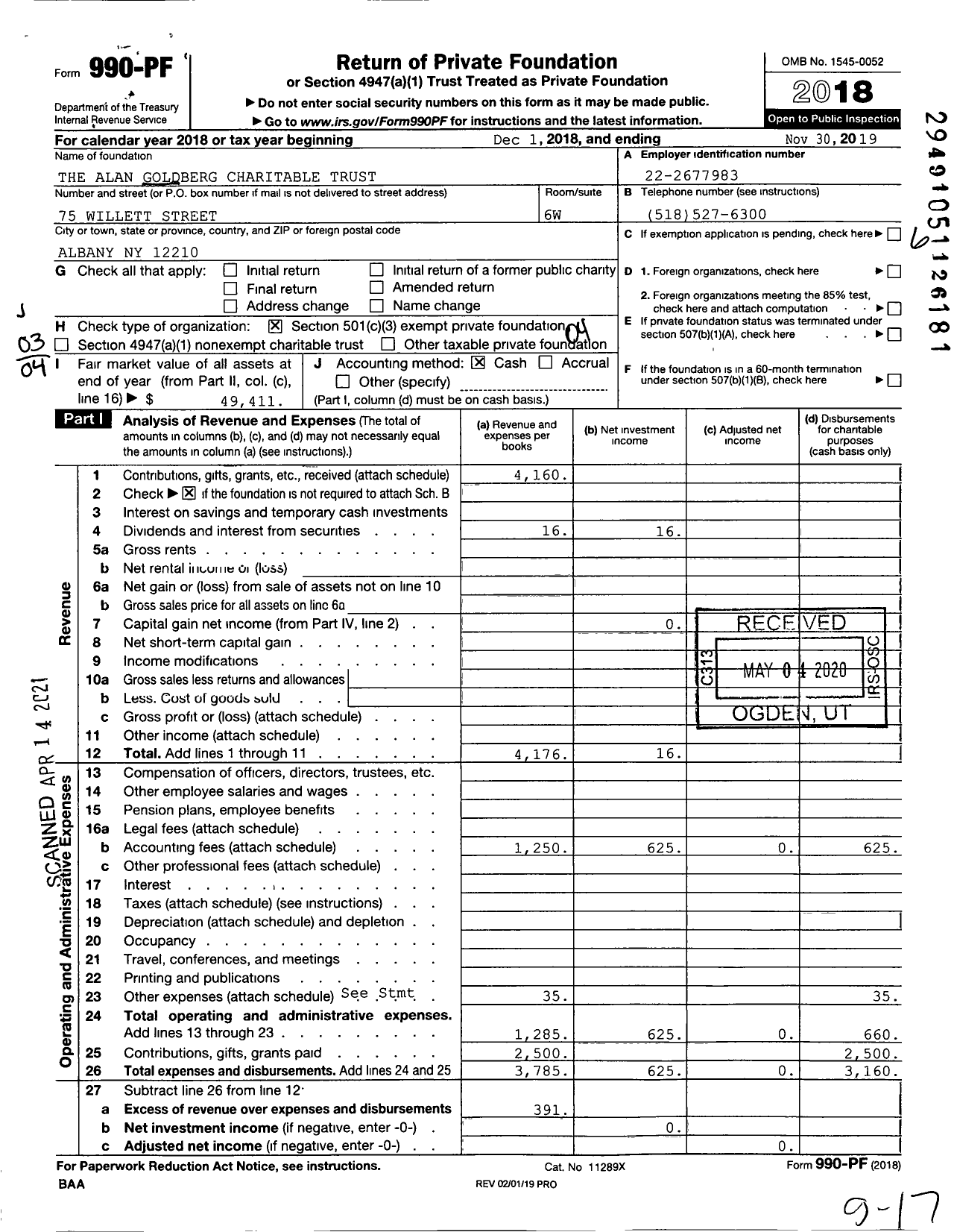 Image of first page of 2018 Form 990PF for The Alan Goldberg Charitable Trust