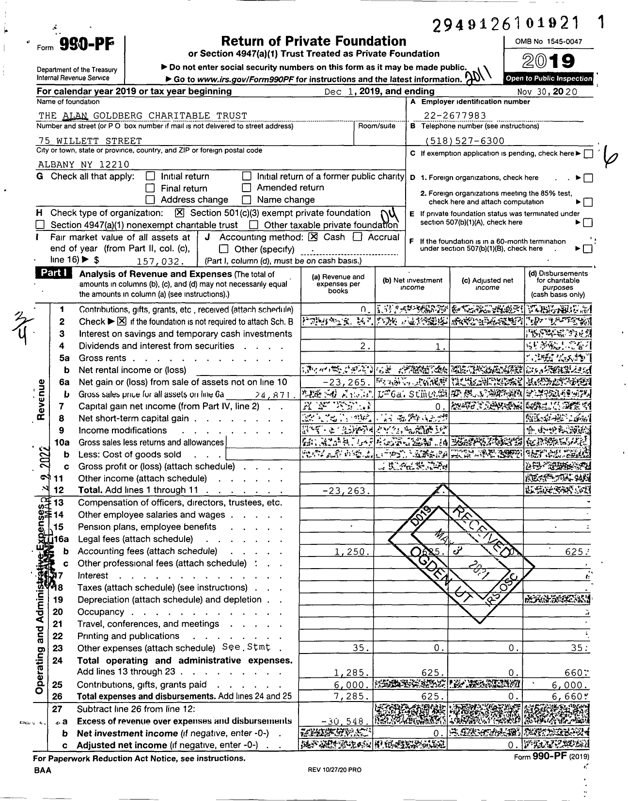 Image of first page of 2019 Form 990PF for The Alan Goldberg Charitable Trust