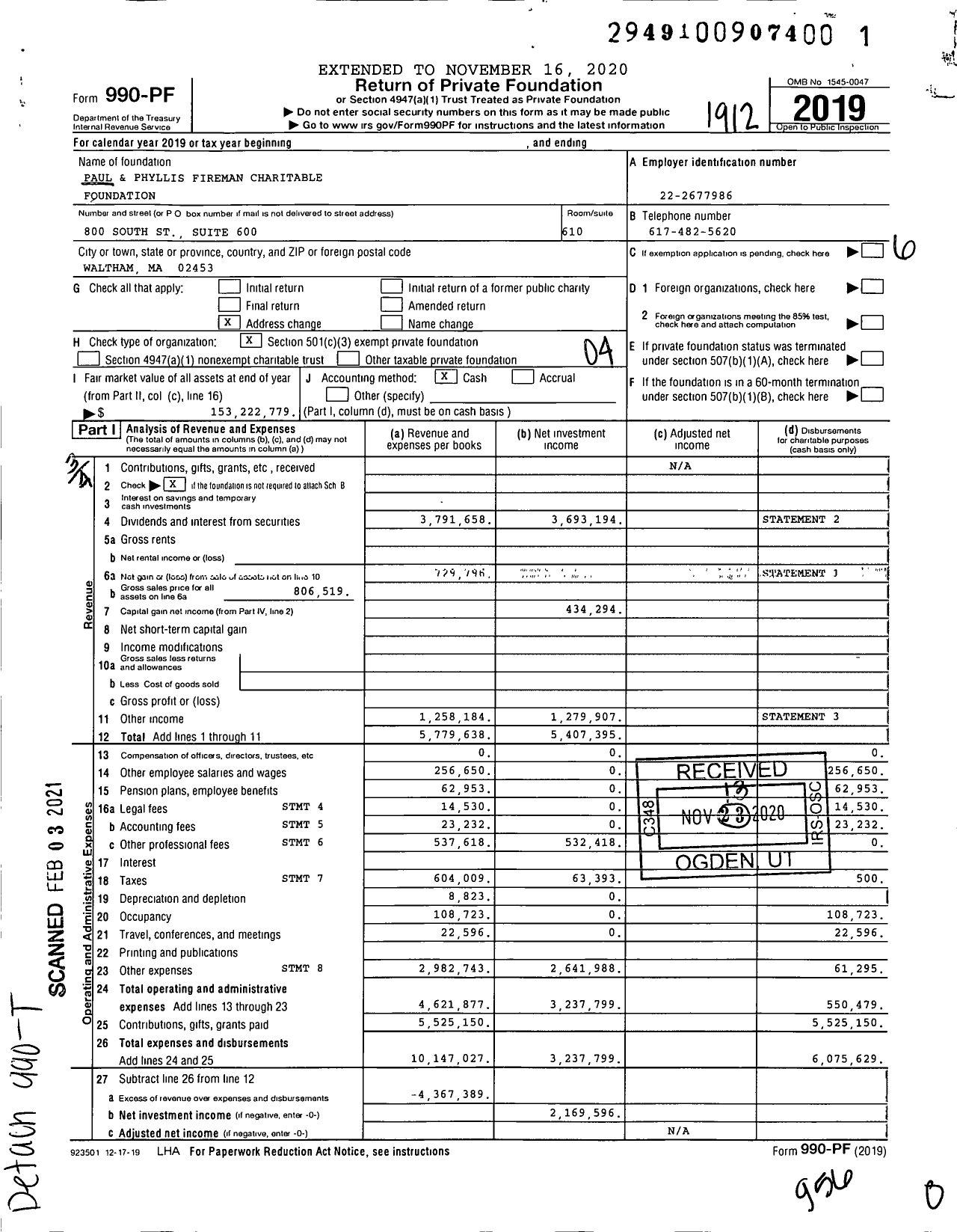 Image of first page of 2019 Form 990PF for Paul and Phyllis Fireman Charitable Foundation