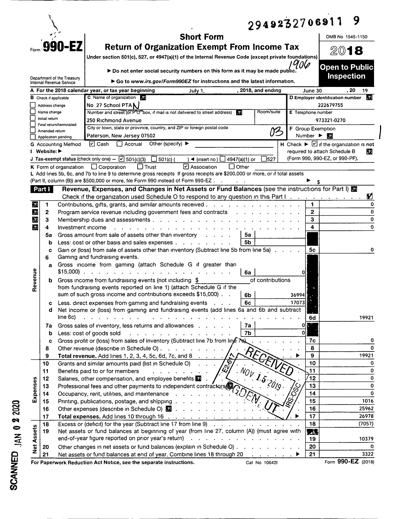 Image of first page of 2018 Form 990EZ for PTA No 27 School