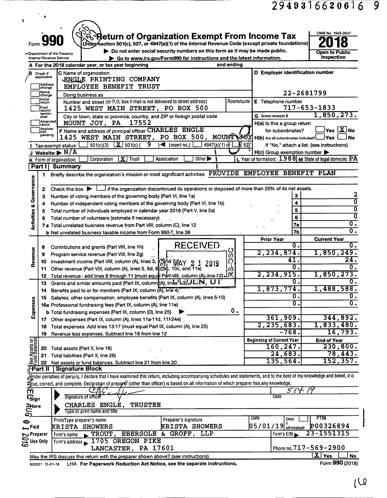 Image of first page of 2018 Form 990O for Engle Printing Company Employee Benefit Trust