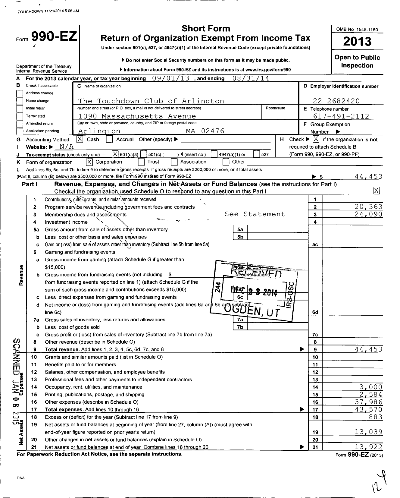 Image of first page of 2013 Form 990EZ for The Touchdown Club of Arlington