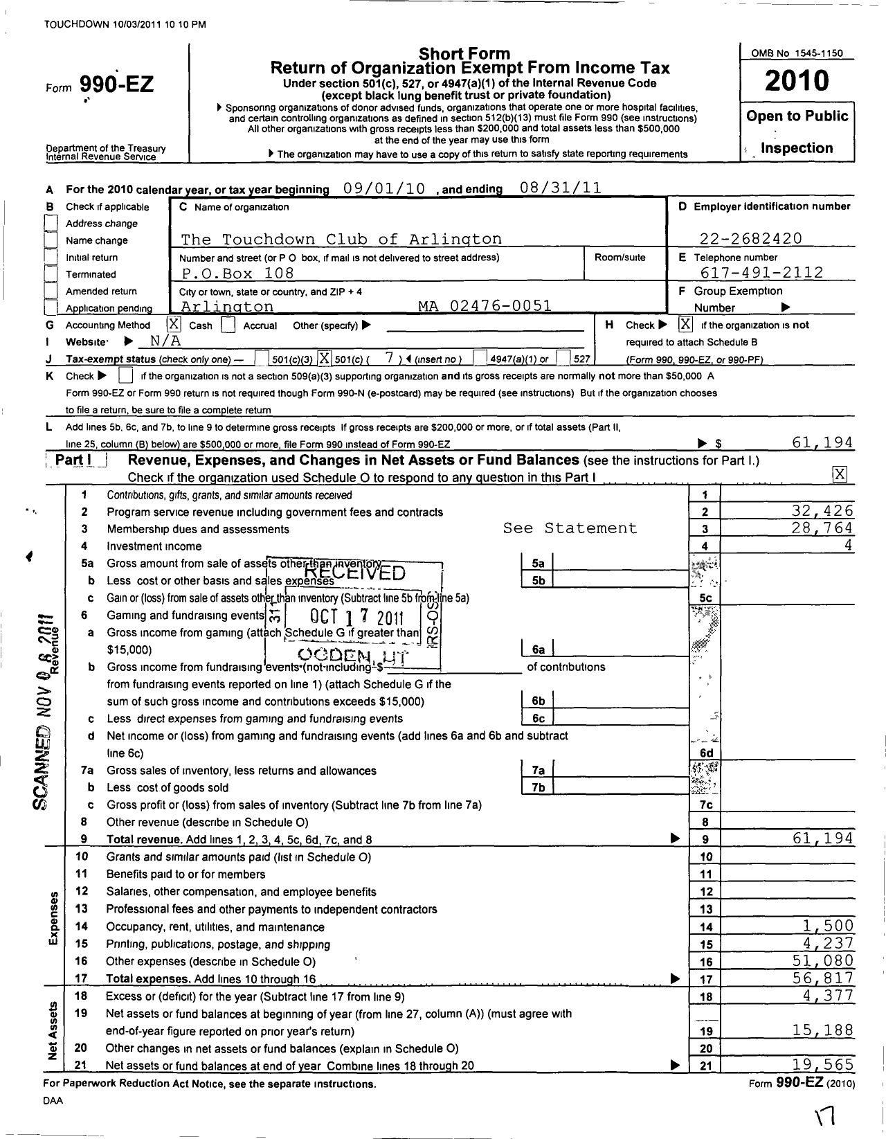 Image of first page of 2010 Form 990EO for The Touchdown Club of Arlington