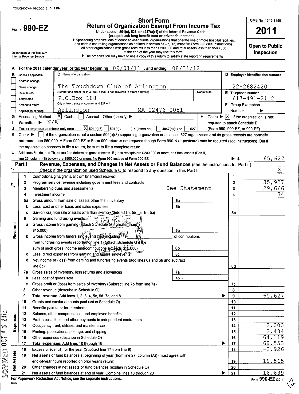 Image of first page of 2011 Form 990EZ for The Touchdown Club of Arlington