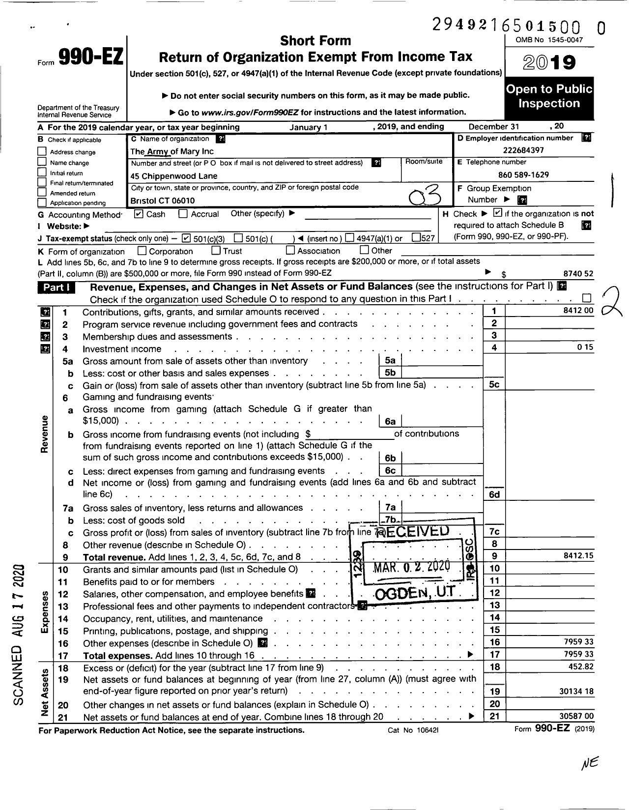 Image of first page of 2019 Form 990EZ for Army of Mary