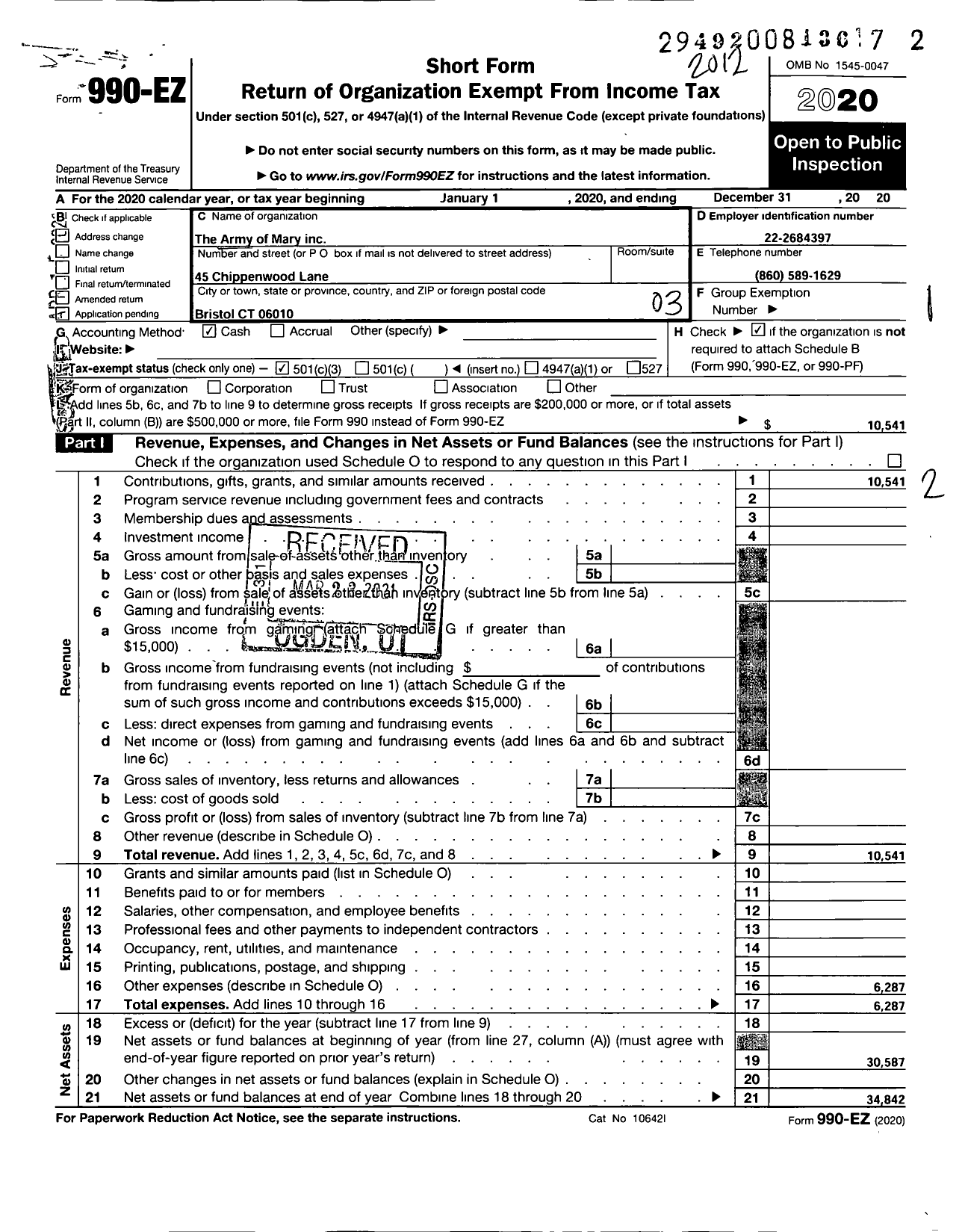 Image of first page of 2020 Form 990EZ for Army of Mary