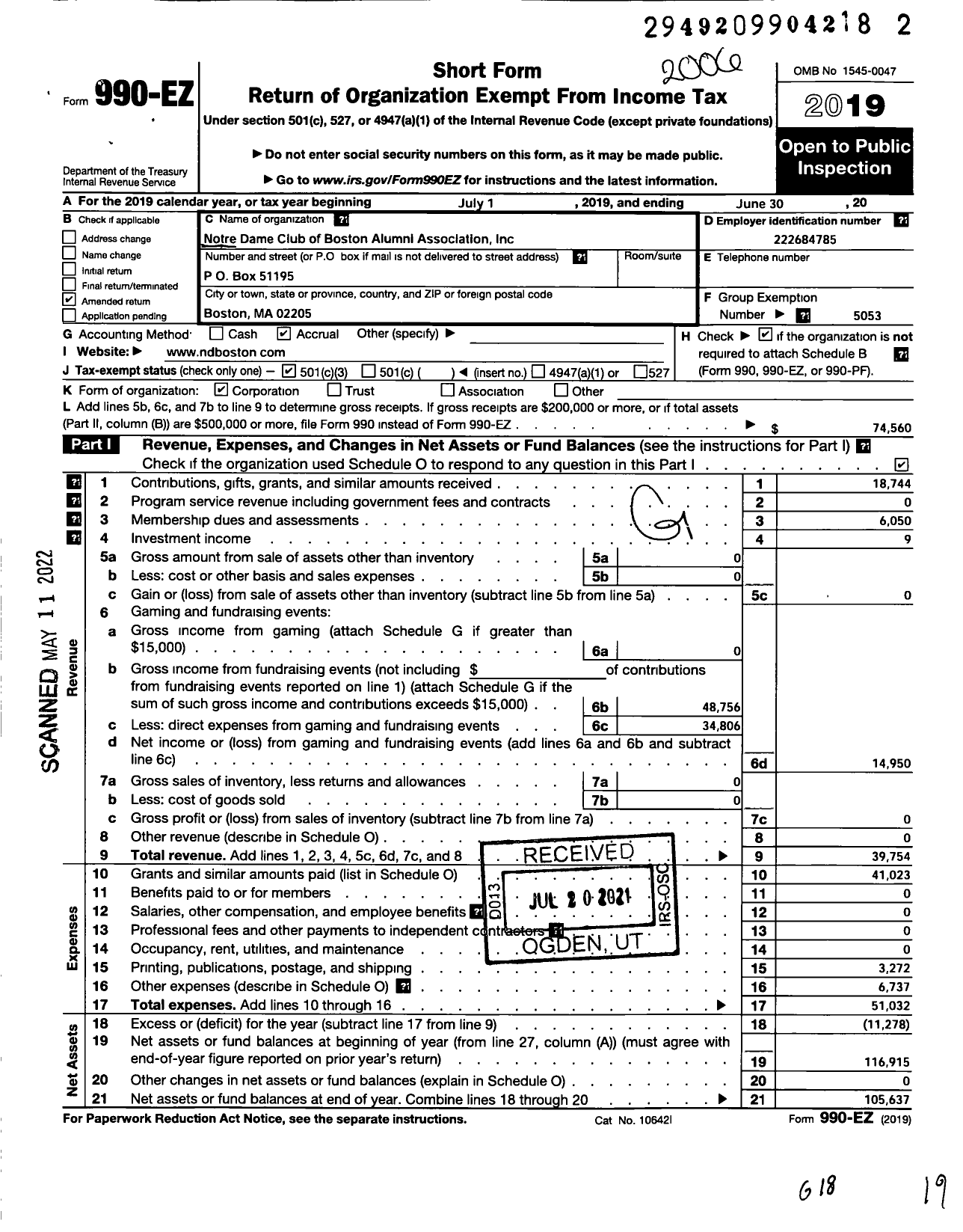 Image of first page of 2019 Form 990EZ for Notre Dame Club of Boston