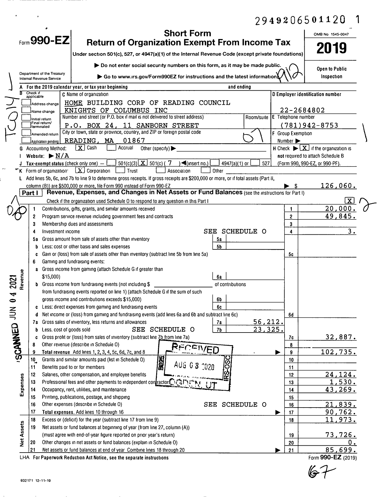 Image of first page of 2019 Form 990EO for Home Building Corp of Reading Council Knights of Columbus