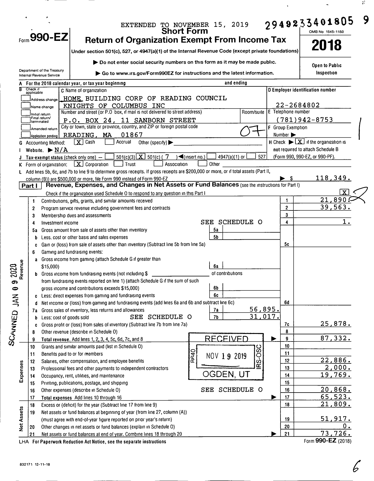 Image of first page of 2018 Form 990EO for Home Building Corp of Reading Council Knights of Columbus