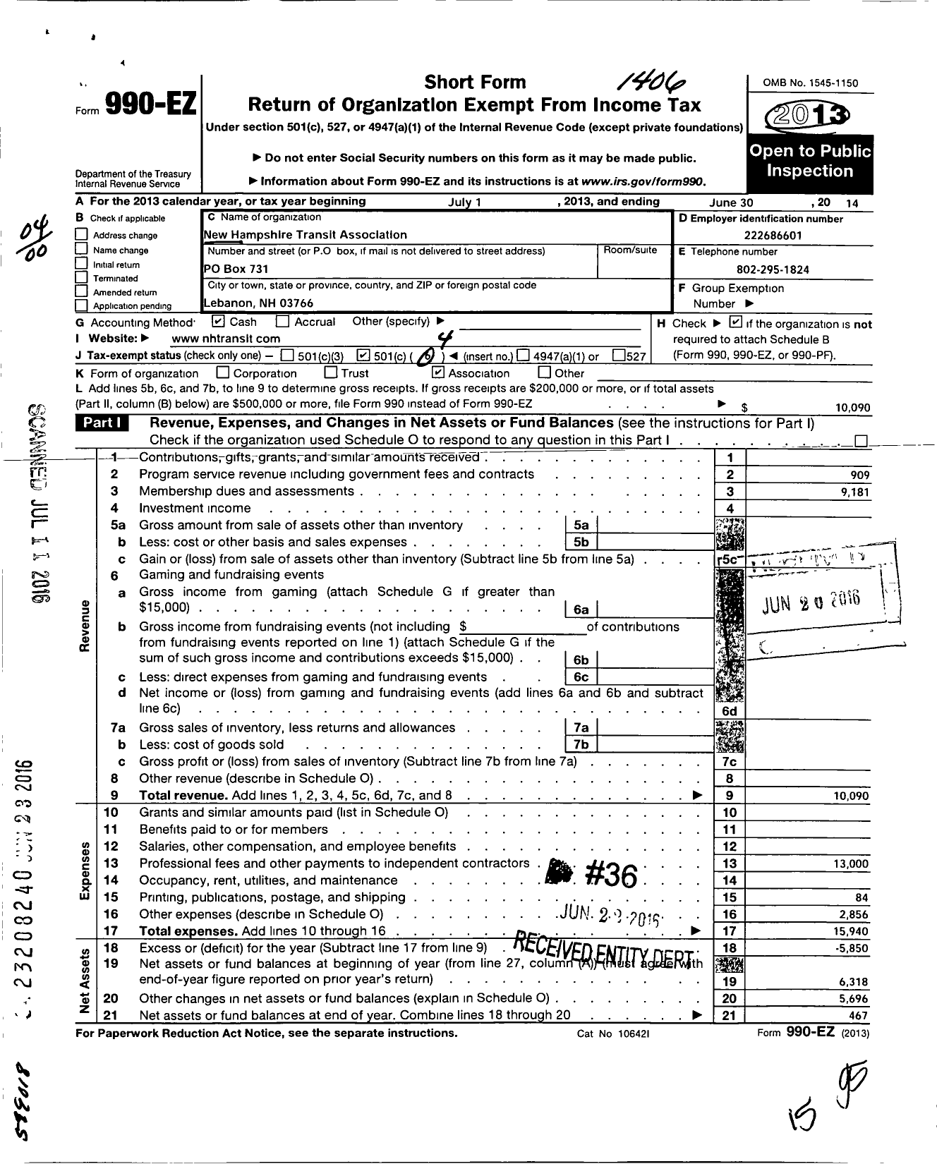 Image of first page of 2013 Form 990EO for New Hampshire Transit Association