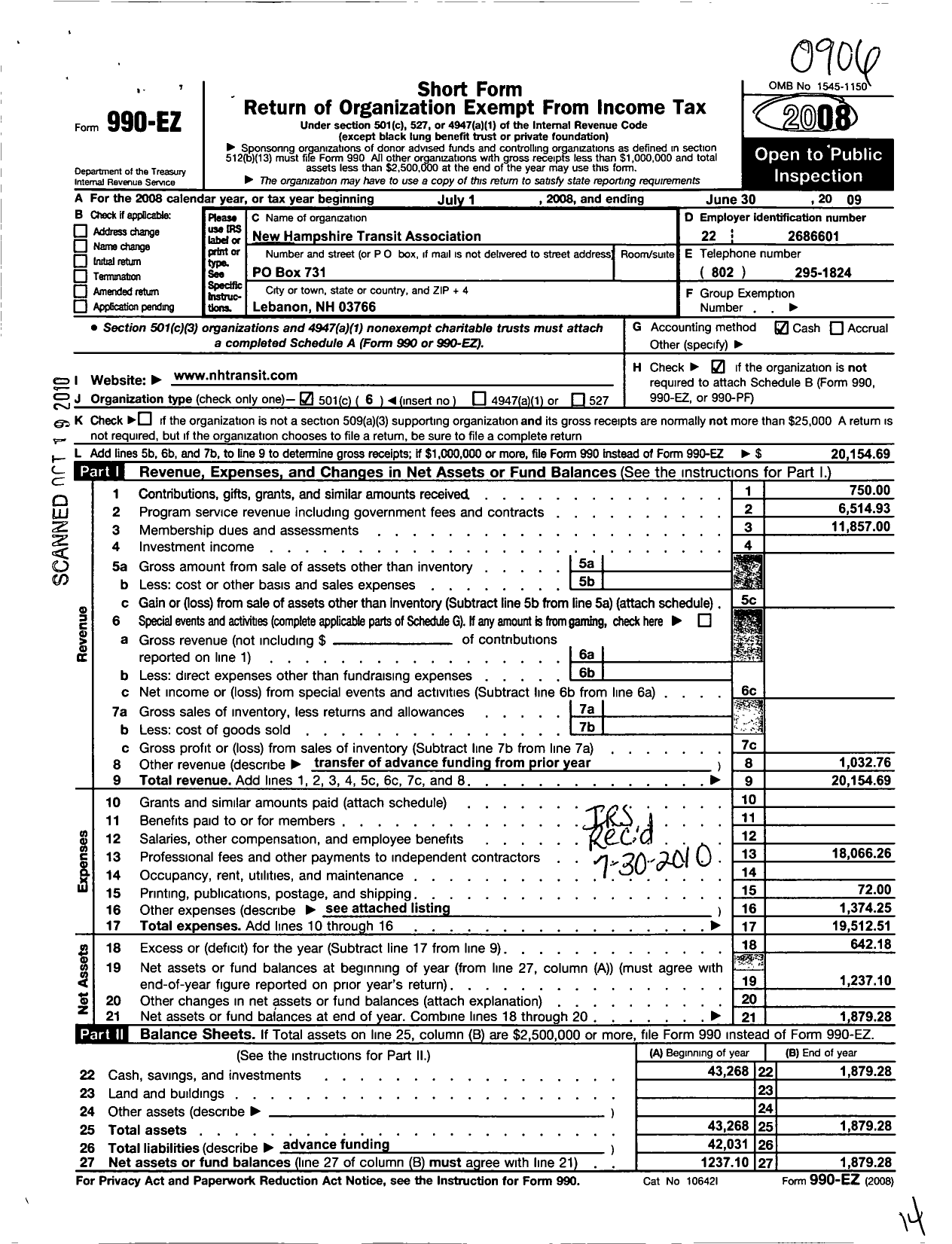 Image of first page of 2008 Form 990EO for New Hampshire Transit Association