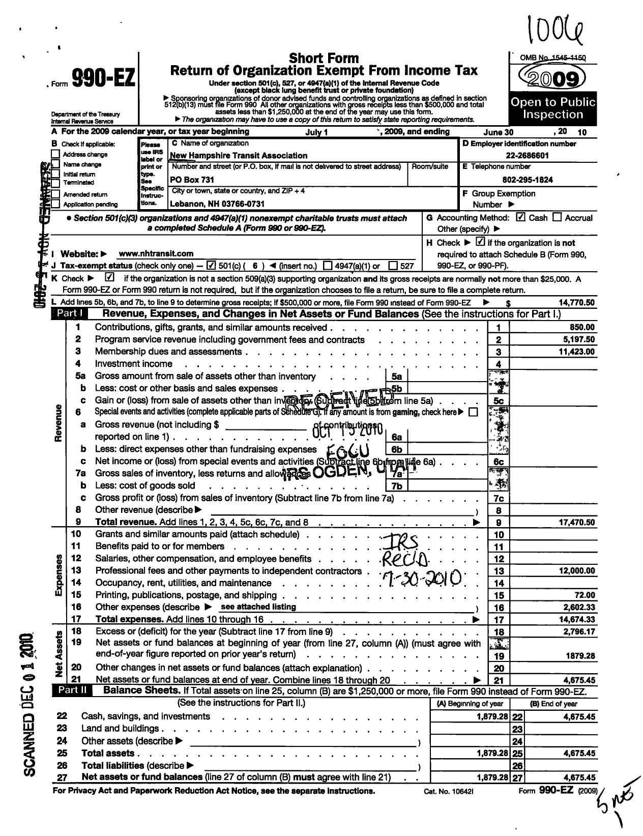 Image of first page of 2009 Form 990EO for New Hampshire Transit Association