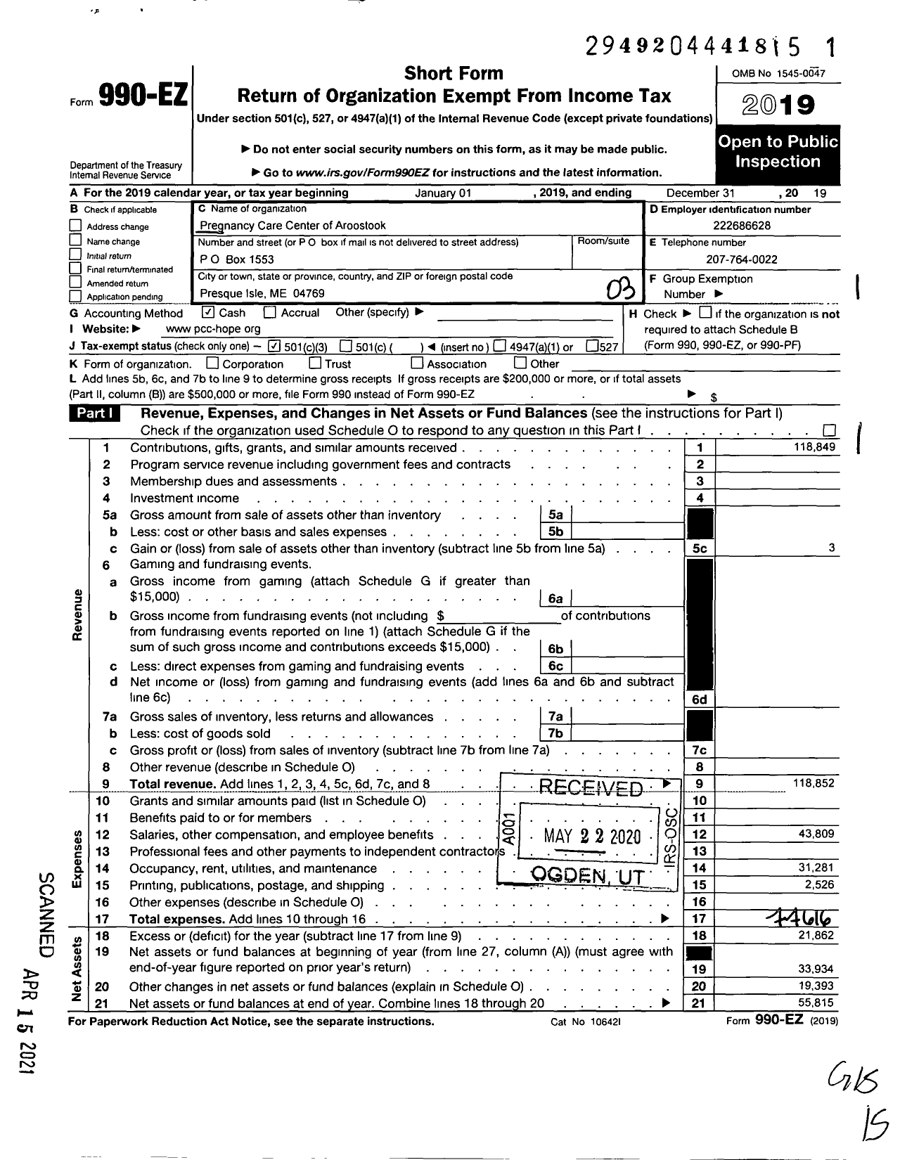 Image of first page of 2019 Form 990EZ for Pregnancy Care Center of Aroostook County