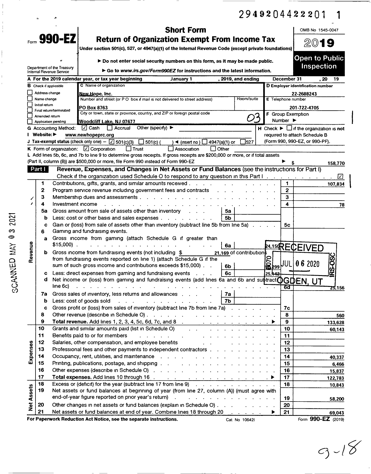 Image of first page of 2019 Form 990EZ for New Hope Pregnancy Resource Center