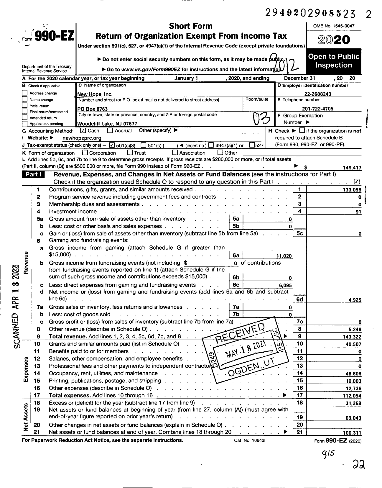 Image of first page of 2020 Form 990EZ for New Hope Pregnancy Resource Center