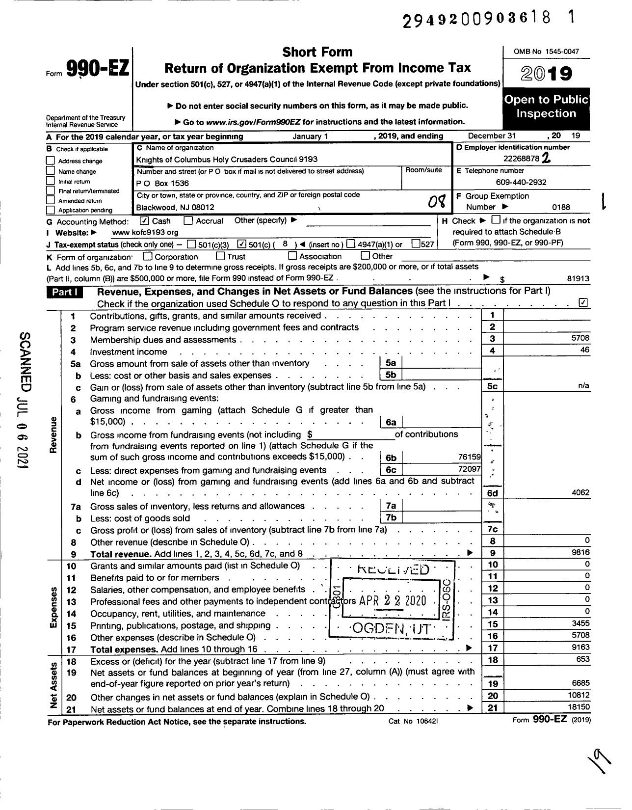 Image of first page of 2019 Form 990EO for KNIGHTS OF COLUMBUS - 9193 Holy Crusaders Council