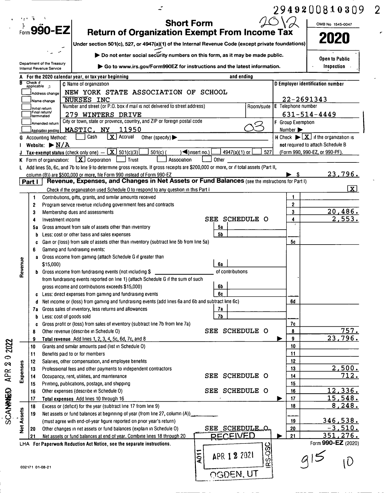 Image of first page of 2020 Form 990EZ for New York State Association of School Nurses