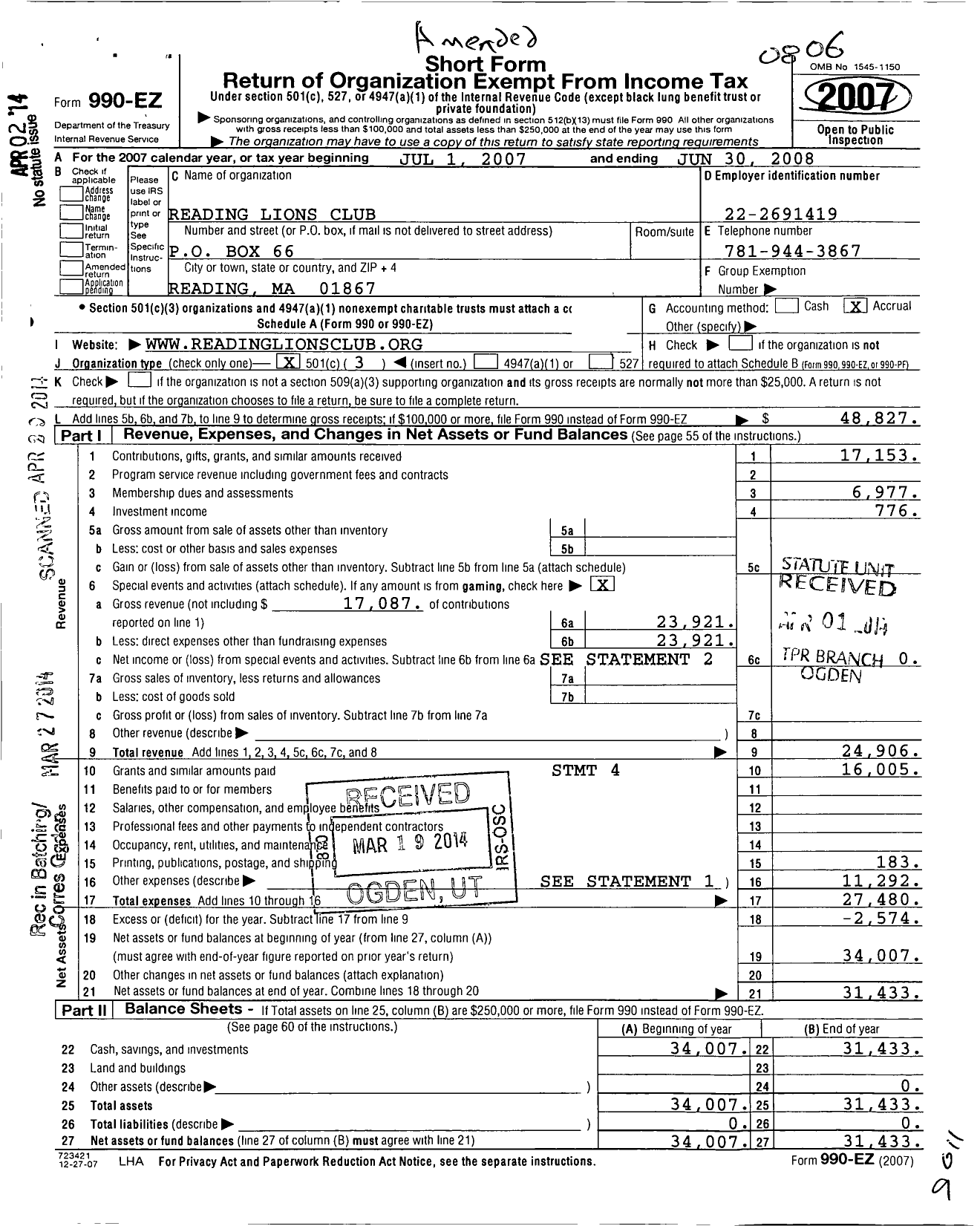 Image of first page of 2007 Form 990EZ for Lions Club of Reading