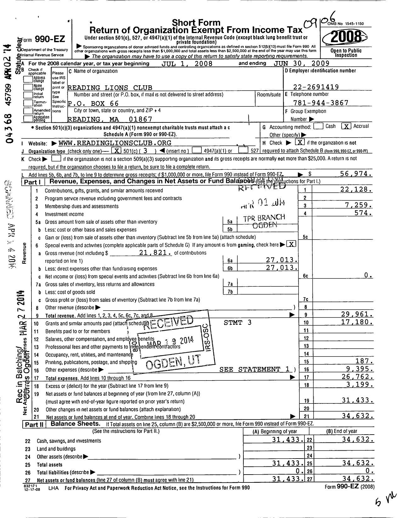 Image of first page of 2008 Form 990EZ for Lions Club of Reading