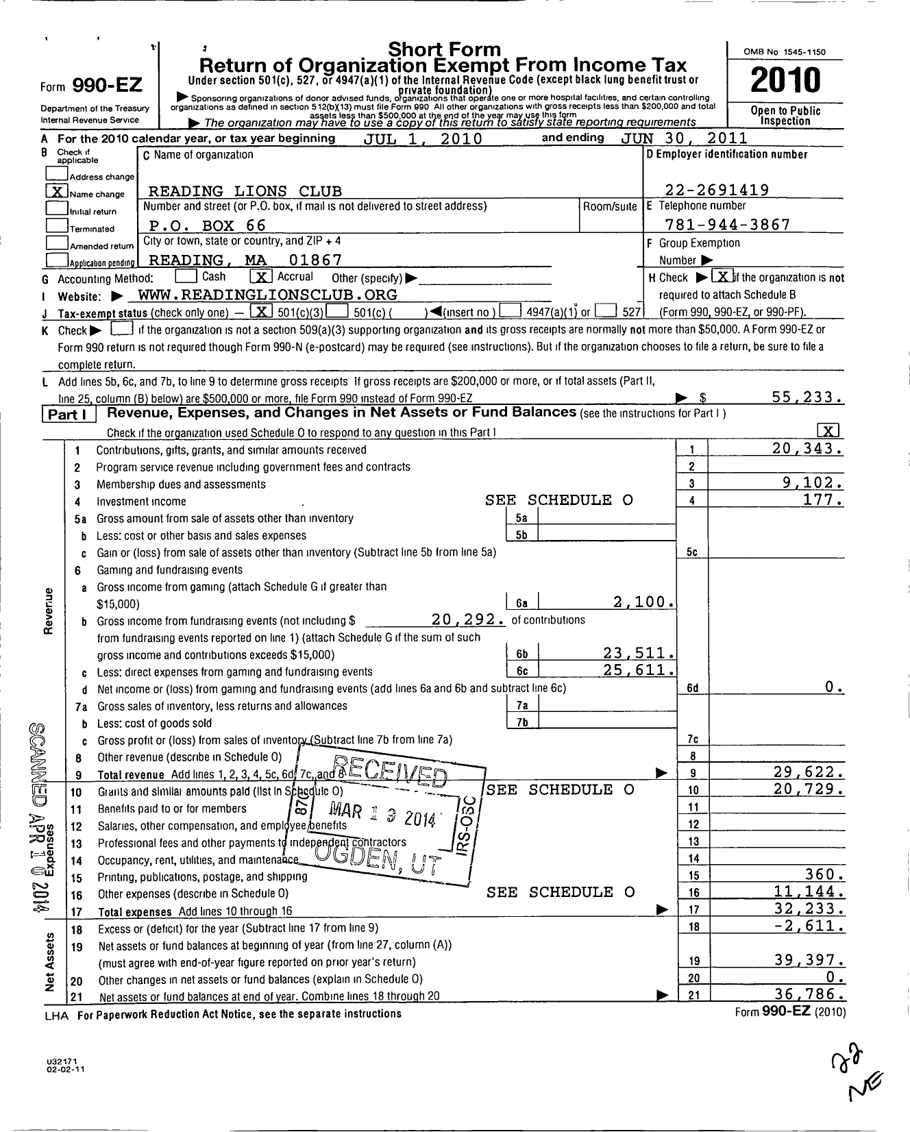 Image of first page of 2010 Form 990EZ for Lions Club of Reading