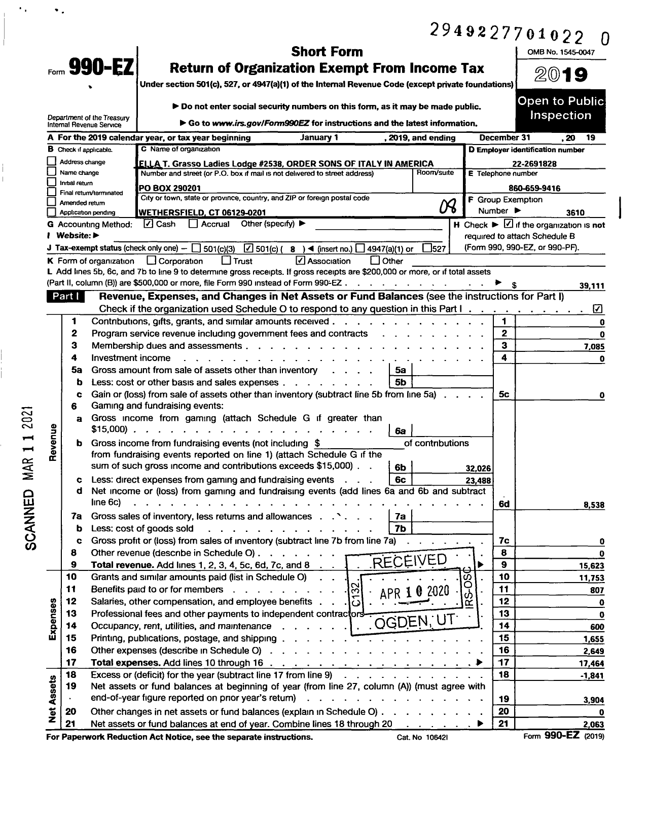 Image of first page of 2019 Form 990EO for Order SONS and Daughters OF ITALY IN AMERICA - 2538 Ella T Grasso