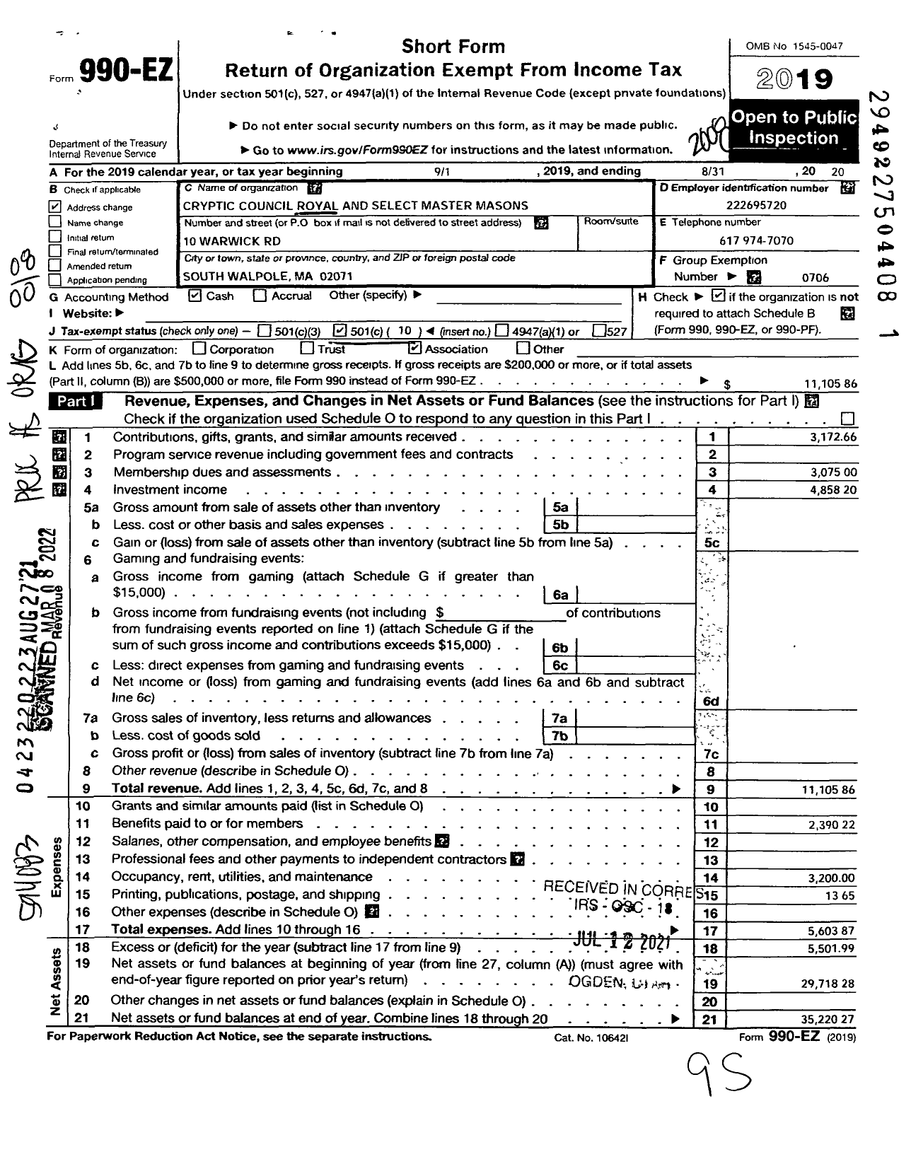 Image of first page of 2019 Form 990EO for Royal and Select Master Masons Cryptic Council