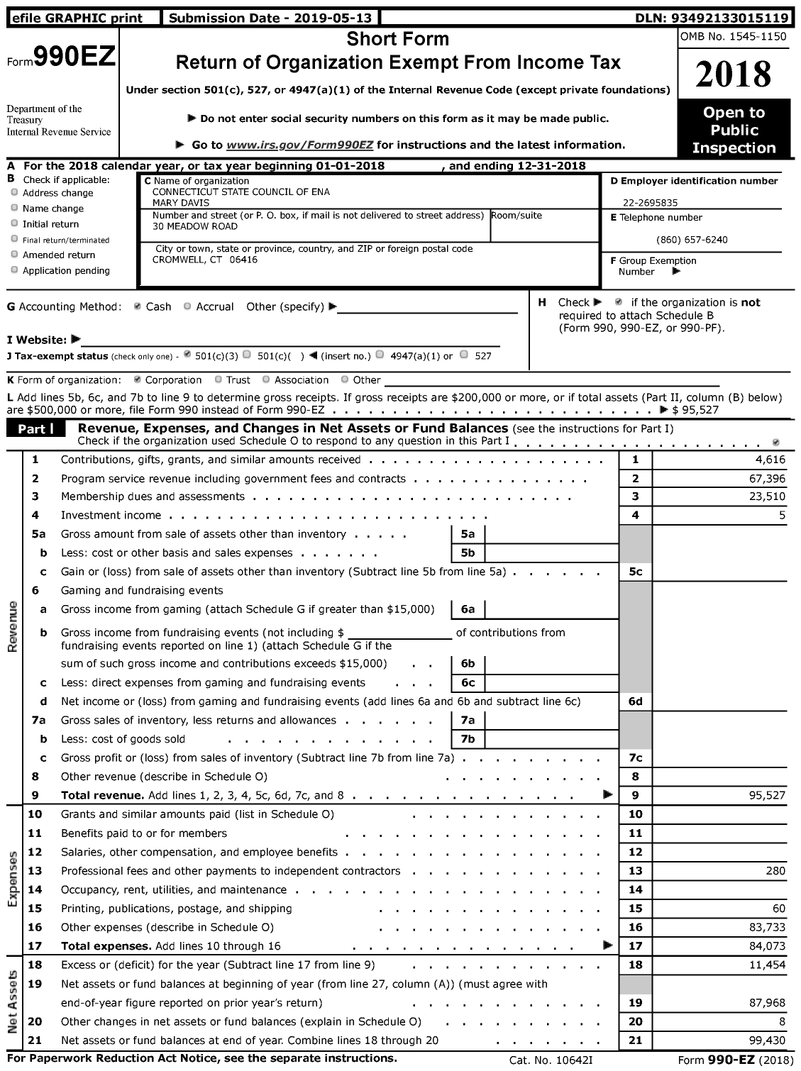 Image of first page of 2018 Form 990EZ for Connecticut State Council of Ena Kara Cleveland