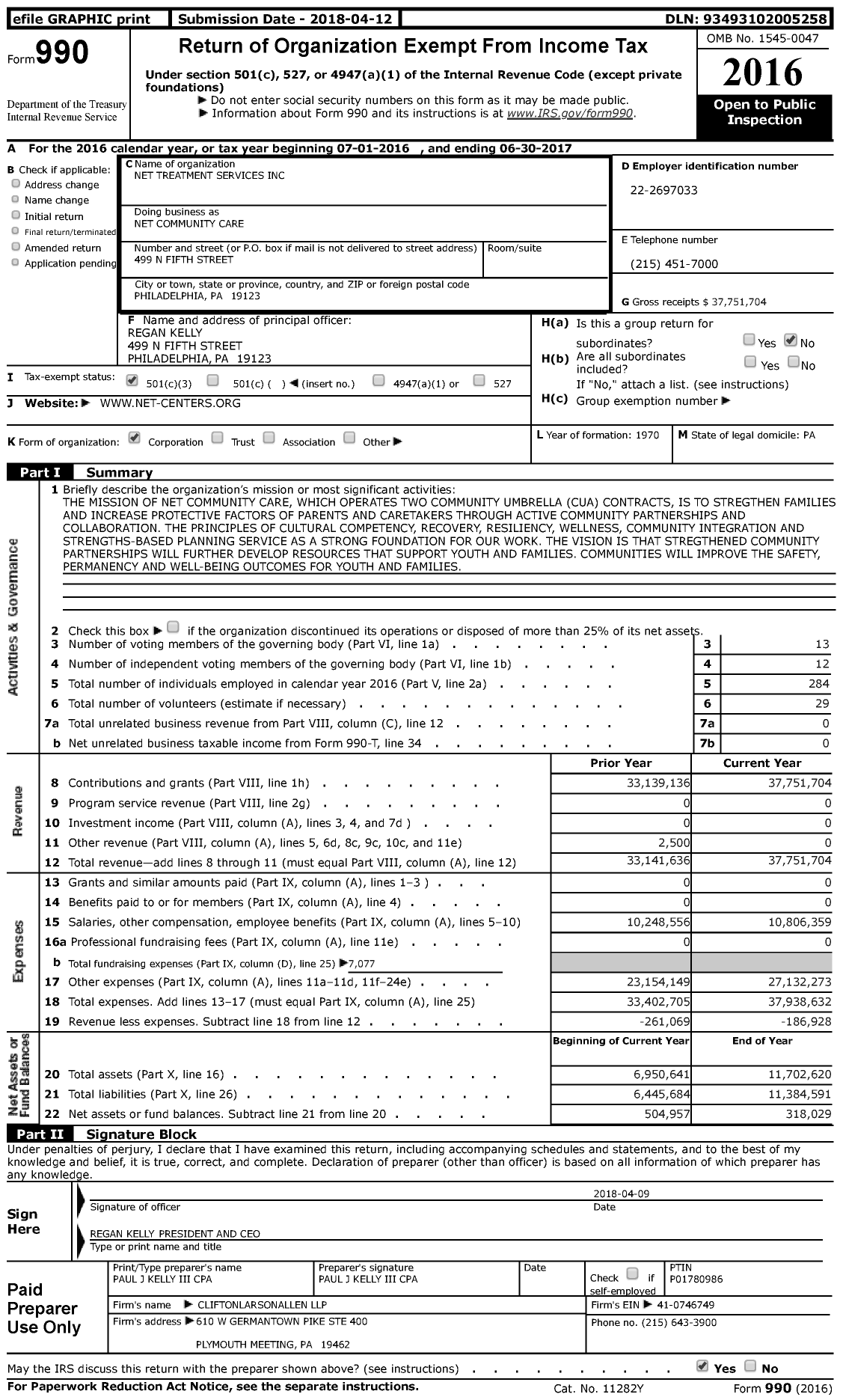Image of first page of 2016 Form 990 for Net Community Care (NET)