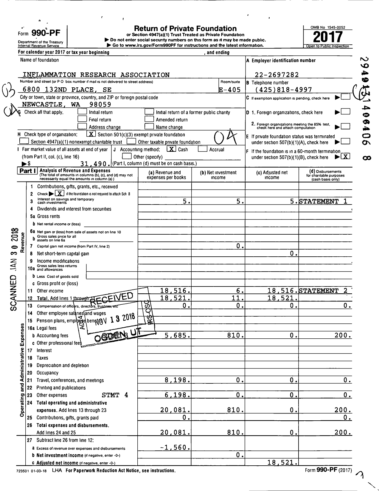 Image of first page of 2017 Form 990PF for Inflammation Research Association