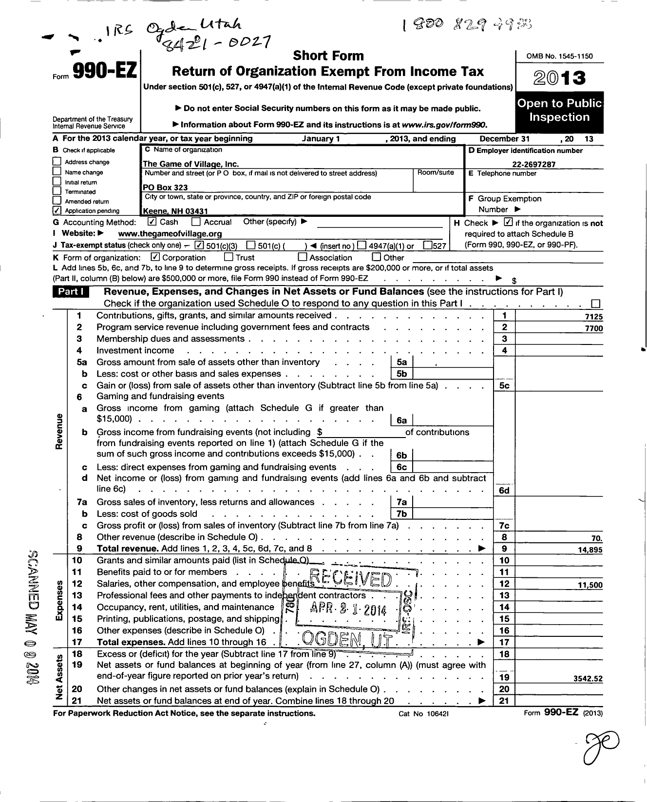 Image of first page of 2013 Form 990EZ for Game of Village