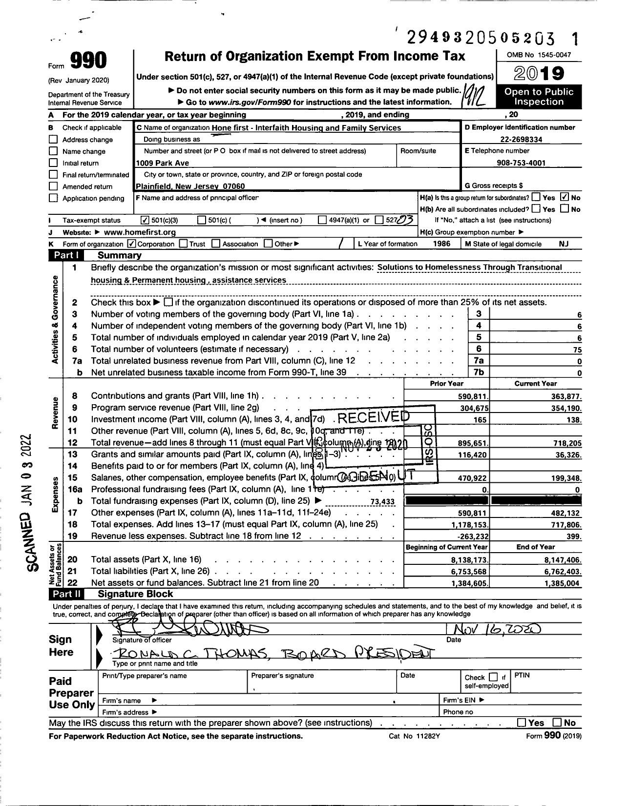 Image of first page of 2019 Form 990 for Homefirst Interfaith Housing and Family Services