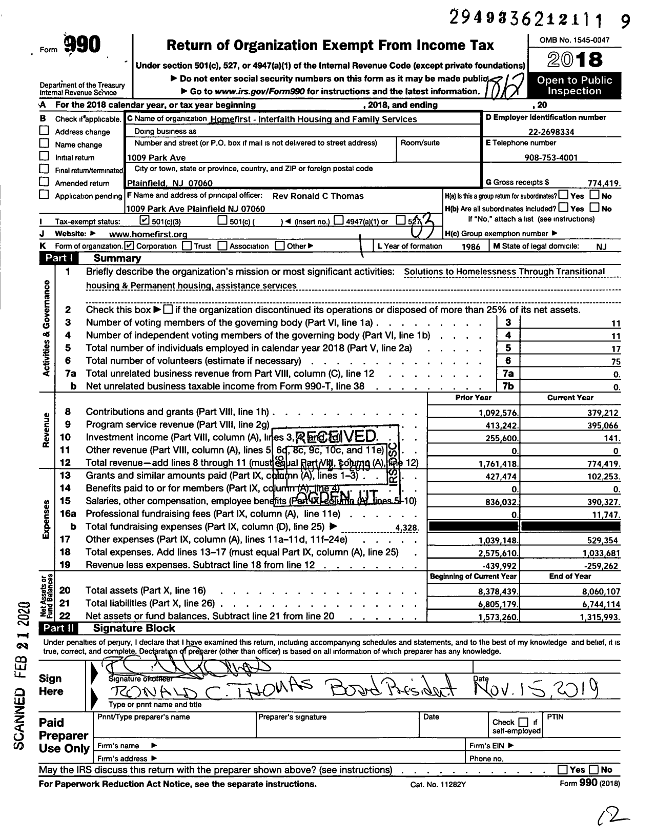 Image of first page of 2018 Form 990 for Homefirst Interfaith Housing and Family Services