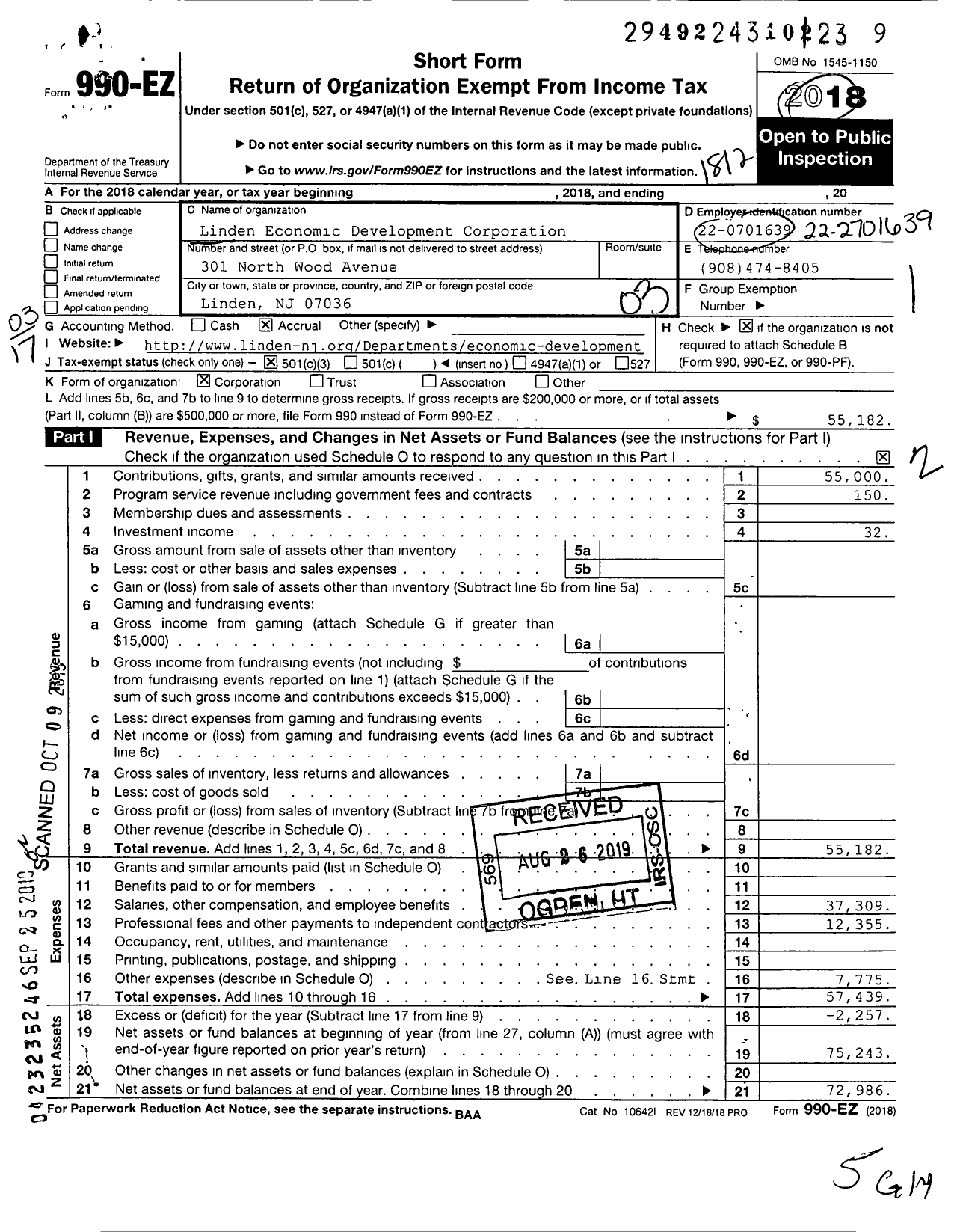 Image of first page of 2018 Form 990EZ for Linden Economic Development Corporation