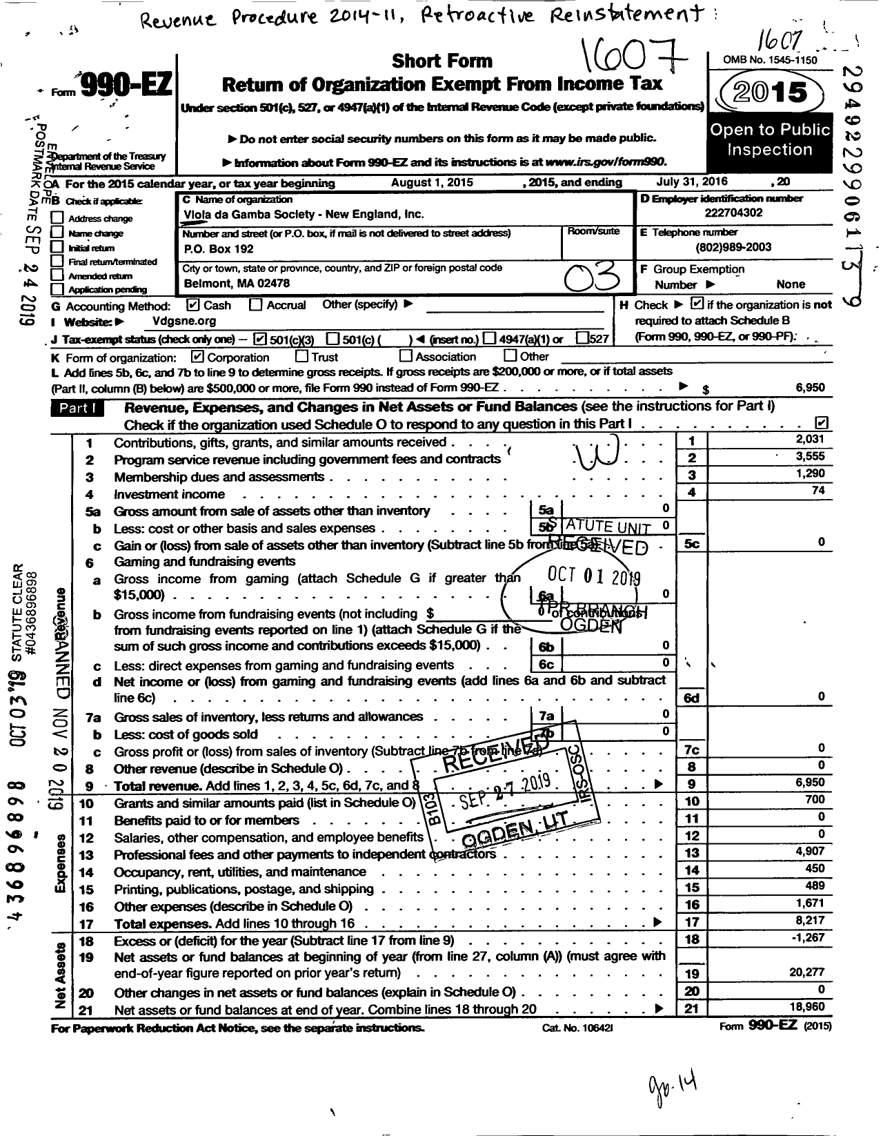 Image of first page of 2015 Form 990EZ for Viola Da Gamba Society-New England