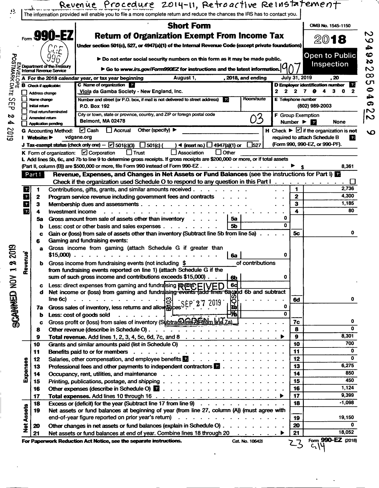 Image of first page of 2018 Form 990EZ for Viola Da Gamba Society-New England