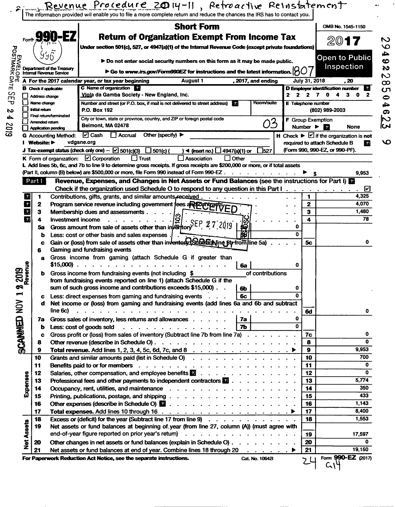 Image of first page of 2017 Form 990EZ for Viola Da Gamba Society-New England