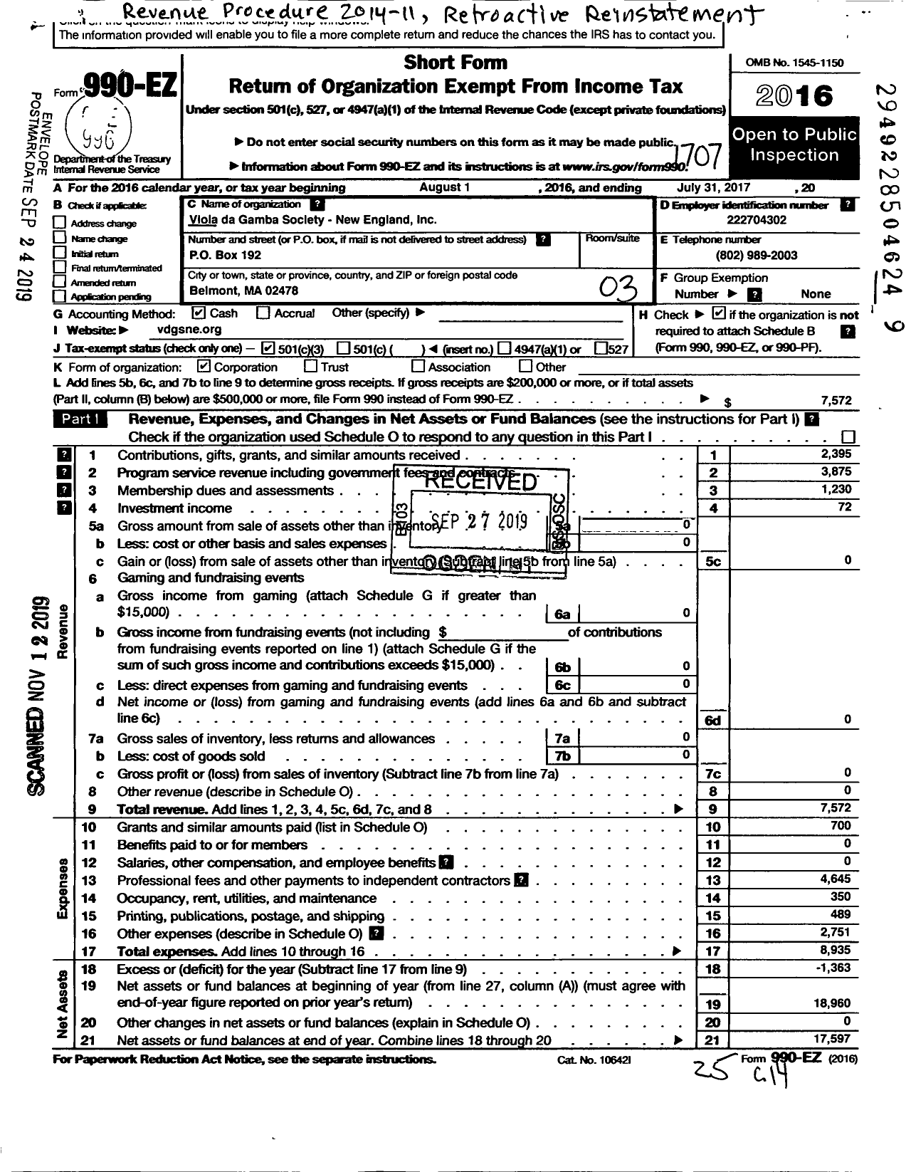 Image of first page of 2016 Form 990EZ for Viola Da Gamba Society-New England