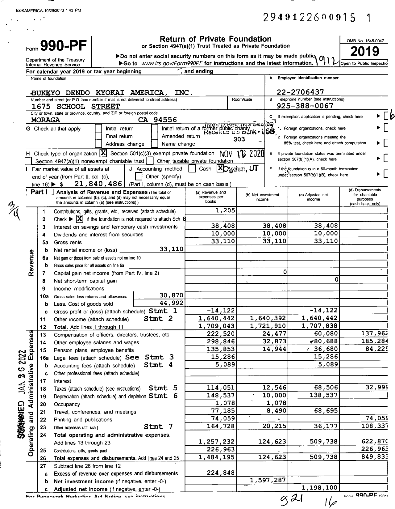 Image of first page of 2019 Form 990PF for Bukkyo Dendo Kyokai America