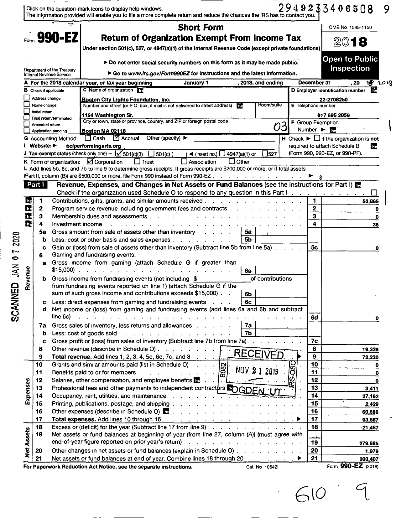 Image of first page of 2018 Form 990EZ for Boston City Lights Foundation