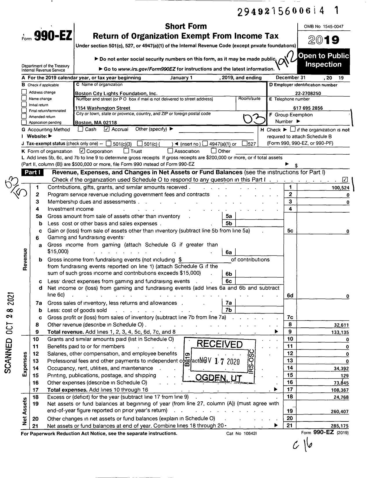 Image of first page of 2019 Form 990EZ for Boston City Lights Foundation