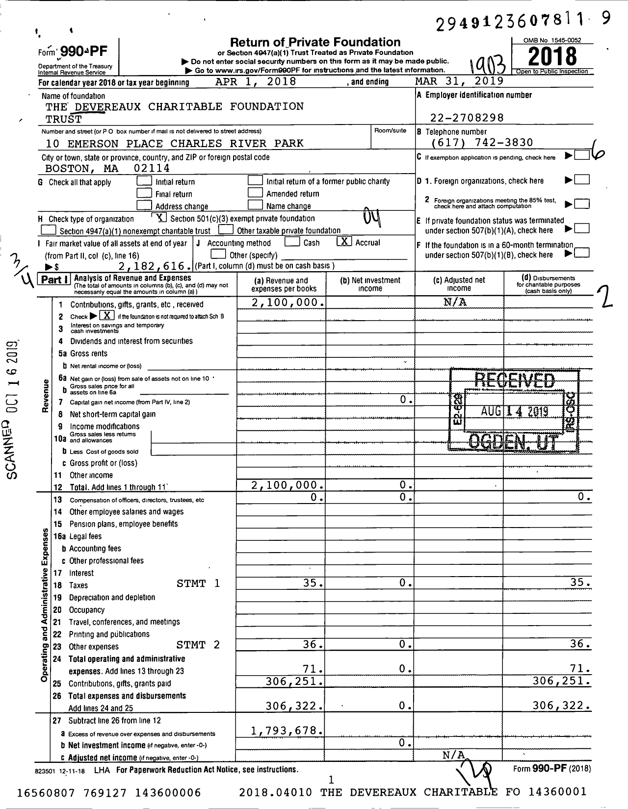 Image of first page of 2018 Form 990PF for The Devereaux Charitable Foundation Trust