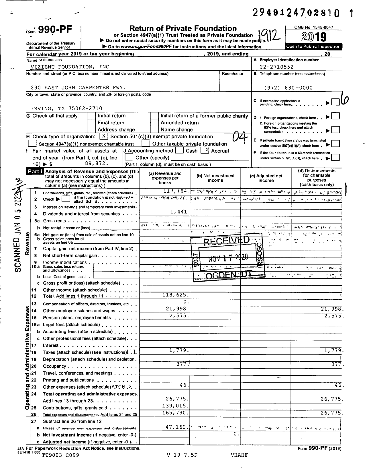 Image of first page of 2019 Form 990PF for Vizient Foundation