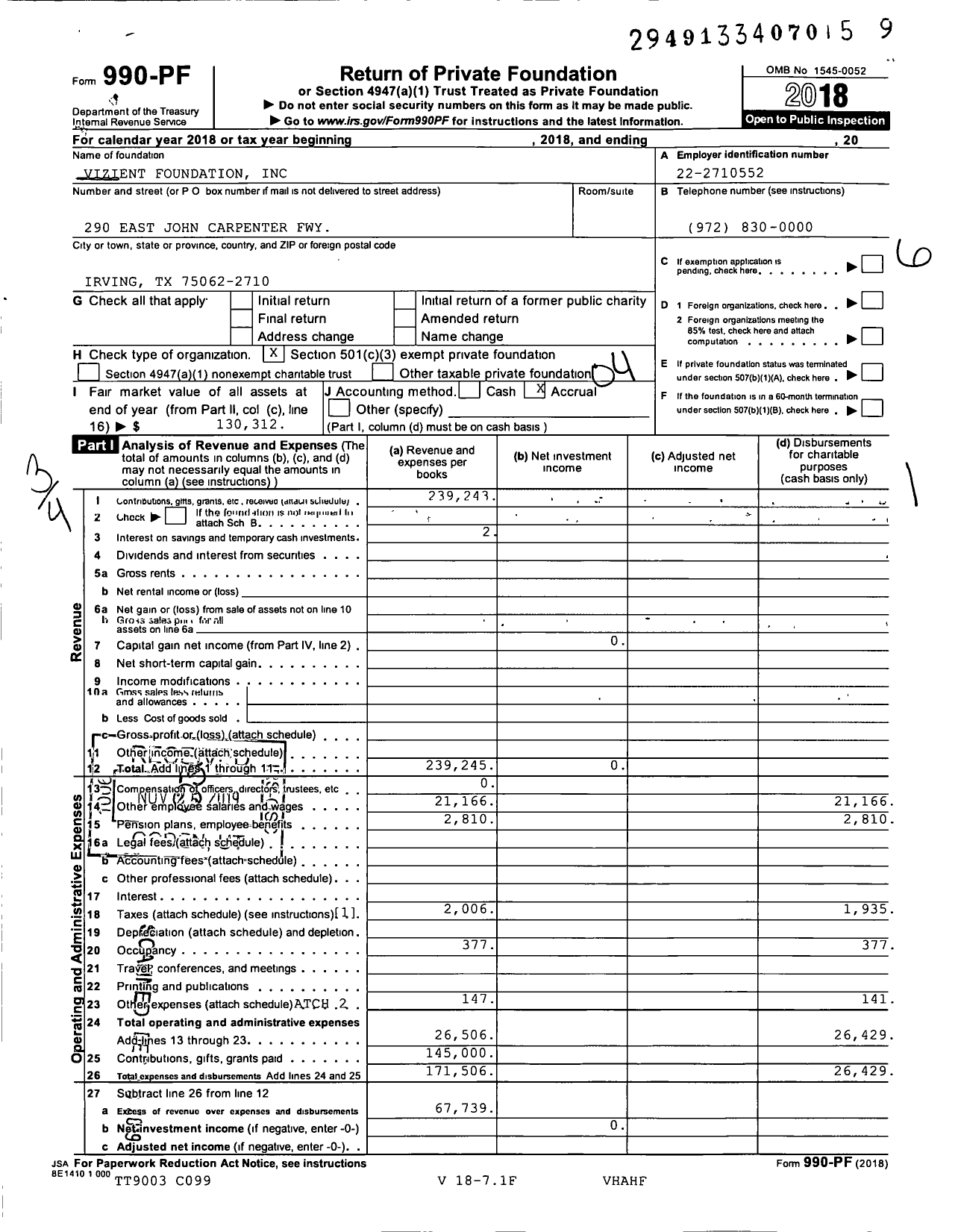 Image of first page of 2018 Form 990PF for Vizient Foundation