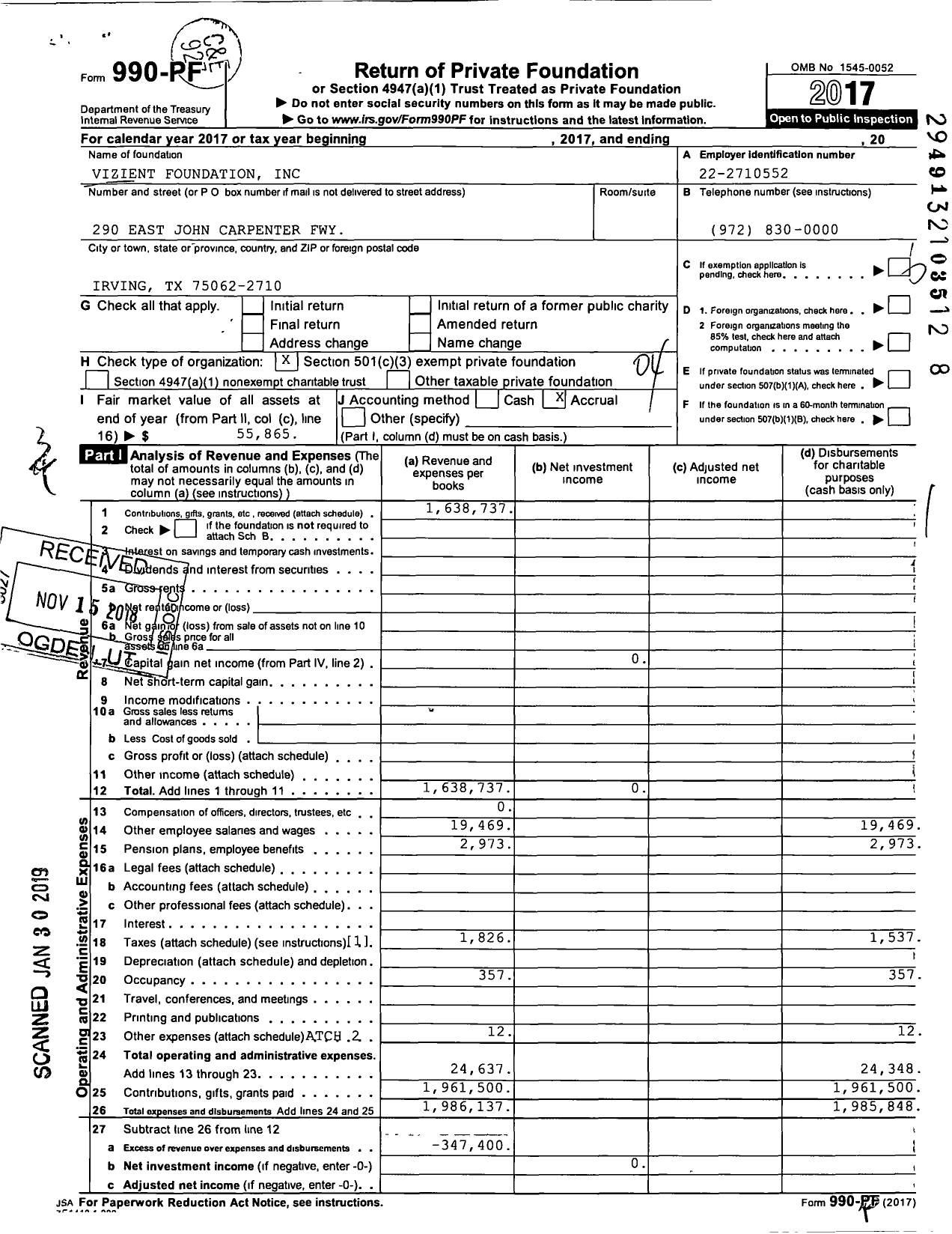 Image of first page of 2017 Form 990PF for Vizient Inc Foundation